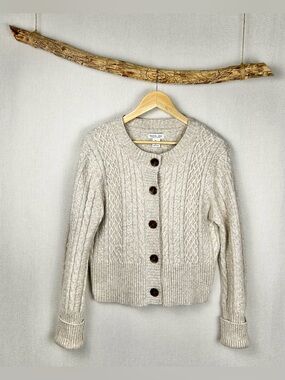 Rachel Zoe Cable Knit Cardigan Sweater Large Neutral Cropped Button Front Cozy